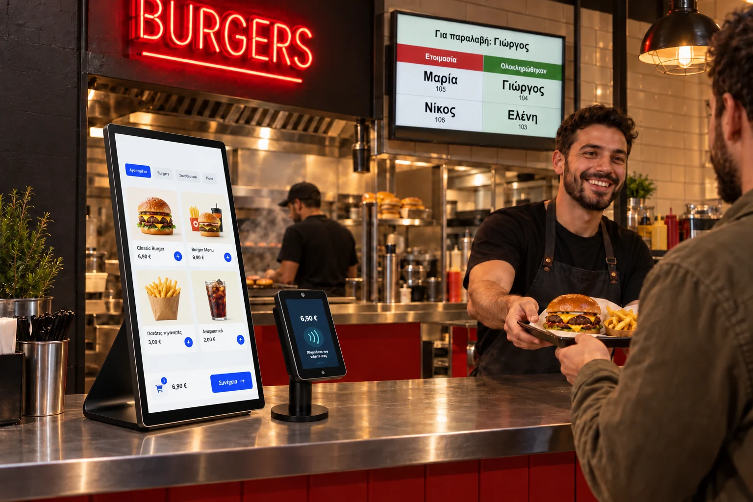 Illustrative Only Kiosk setup in a burger shop, with a payment device beside it and an order status screen on the wall.