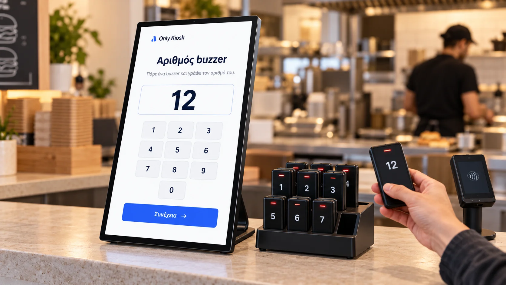 Illustration: a buzzer station beside the kiosk, a customer holding buzzer 12 and the same number on screen.