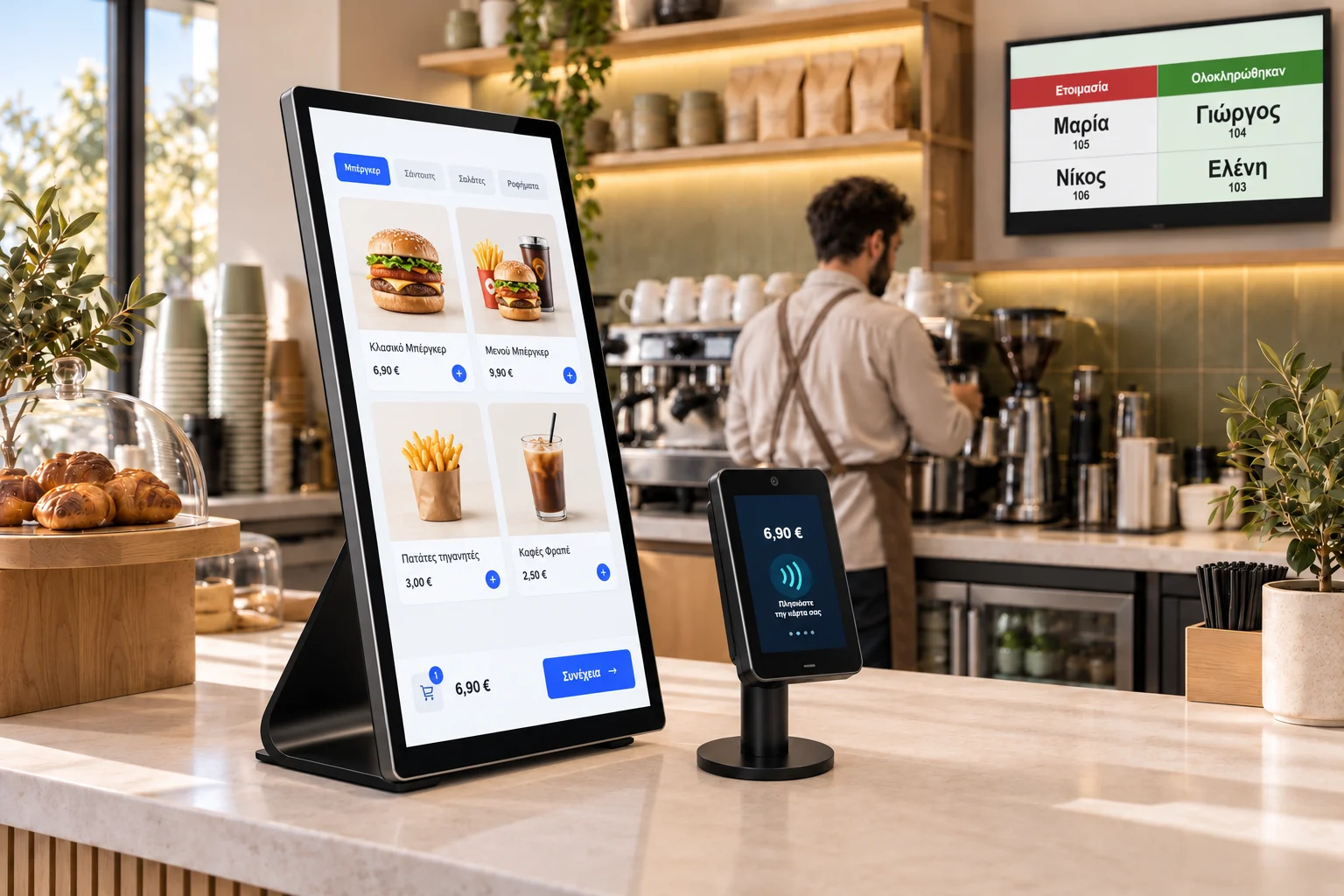 Illustrative countertop Only Kiosk and payment device setup in a café.
