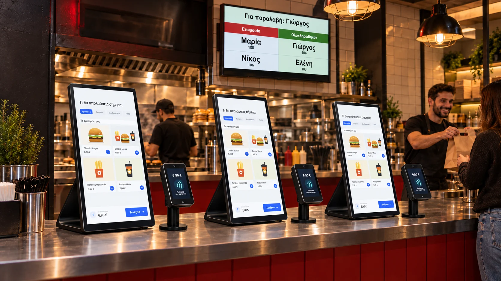 Illustrative setup of three Only Kiosk units in a row with their payment devices in a street food restaurant.
