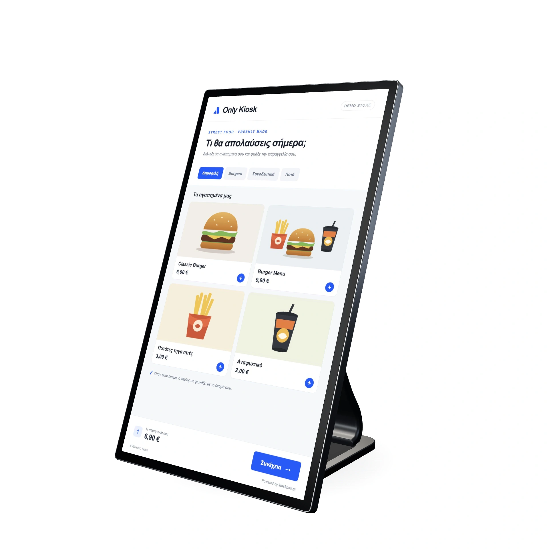 3D view of the countertop Only Kiosk with a sample menu on screen